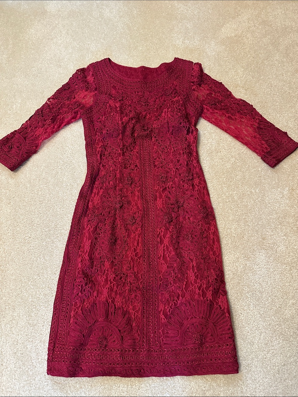Sue Wong Burgundy Lace Midi Dress with Three-Quarter Sleeves size 6